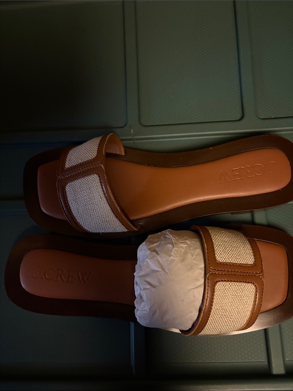 J. Crew Brown and Cream Leather-Trim Slide Sandals